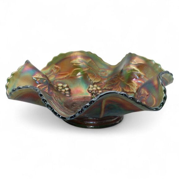 Vintage Fenton Carnival Glass Grape & Vine Ruffled Bowl - Picture 3 of 5